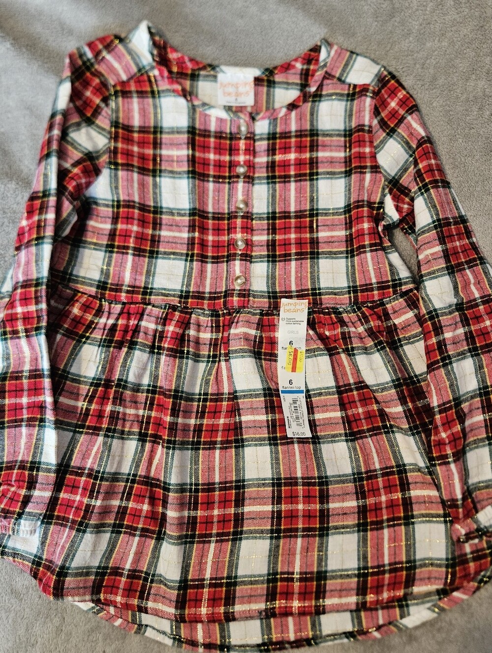 Red Gold Sparkle Plaid Flannel Long-Sleeve Peplum Top